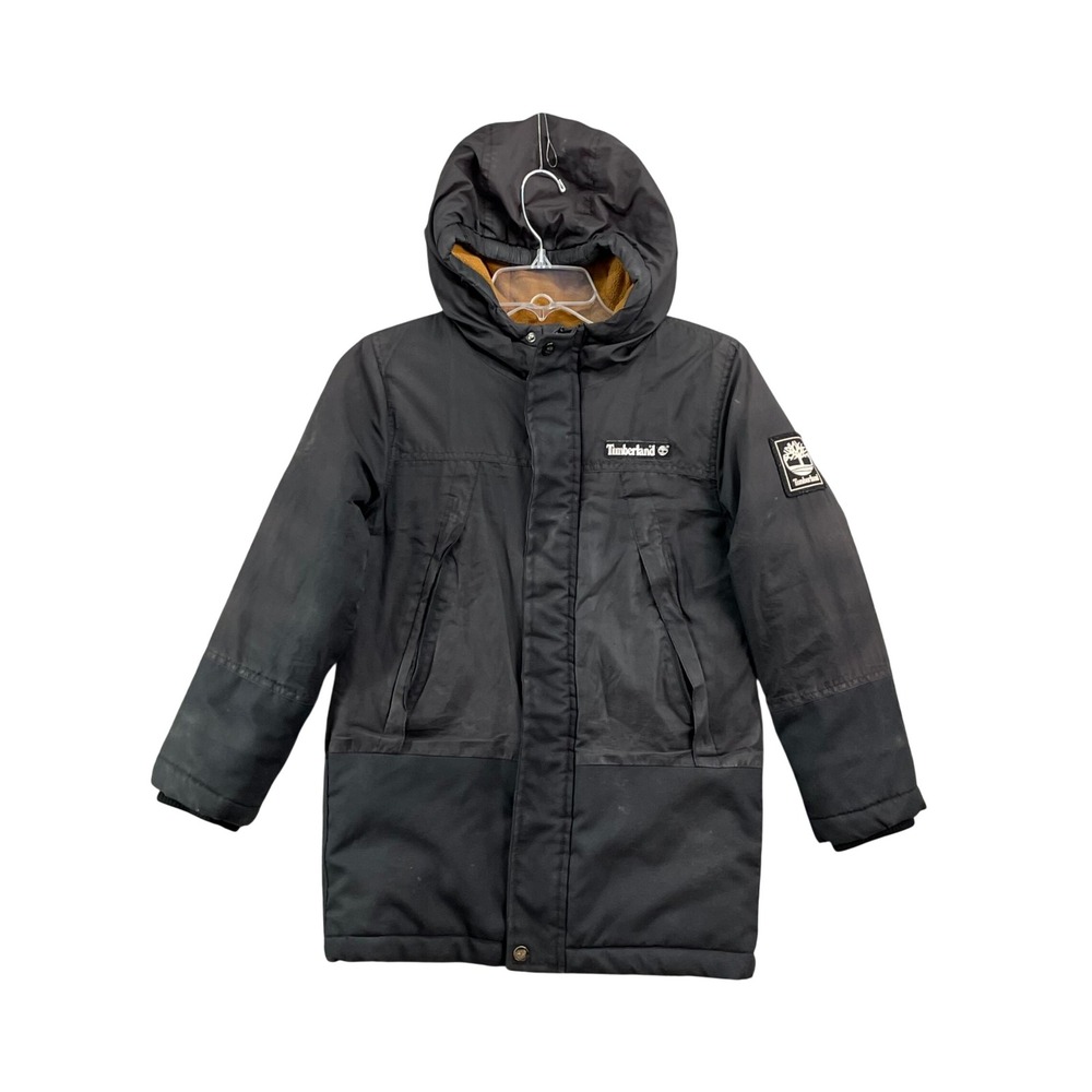 Timberland Hooded Parka Jacket Boys Size S 7/8 Black Insulated Fleece Lined Coat
